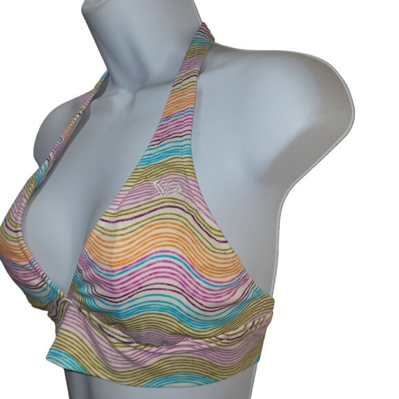 Roxy Women's Medium Rainbow Stripe Halter Bikini Top Triangle Cups Back Logo - Picture 3 of 10